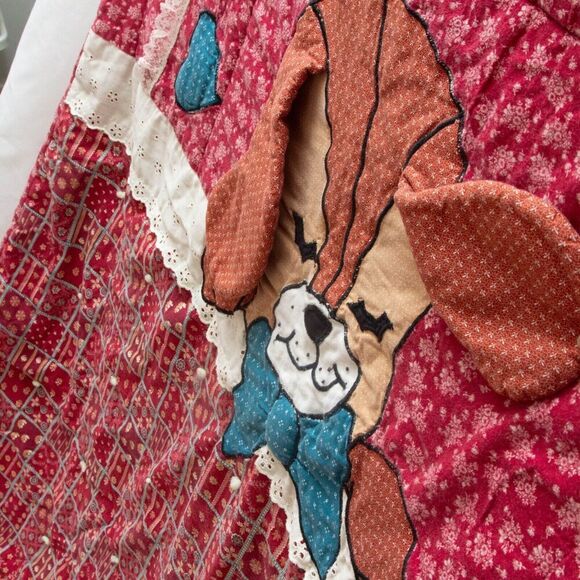 Vgt Hand Sewn Stitched Red BlueBaby Quilt Blanket Sleeping 3D Dog Hearts 50"x40" - Picture 5 of 11